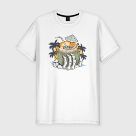 Мужская футболка хлопок Slim с принтом Тропический коктейль , 92% хлопок, 8% лайкра | приталенный силуэт, круглый вырез ворота, длина до линии бедра, короткий рукав | beach | palm | sea | summer | волны | жара | коктейль | летние | лето | море | пальмы | пляж | тропический