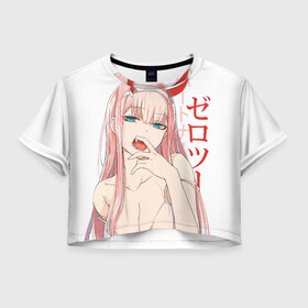 Женская футболка Crop-top 3D с принтом Darling in the Franxx Zero Two , 100% полиэстер | круглая горловина, длина футболки до линии талии, рукава с отворотами | 02 | anime girl | darling in the franxx | zero two | аниме | дарлинг во франксе | девушка с розовыми волосами | манга | милый во франксе | ноль два | розовые волосы | тян