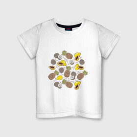 Детская футболка хлопок с принтом ананас папайя кокос , 100% хлопок | круглый вырез горловины, полуприлегающий силуэт, длина до линии бедер | ананас | ананасик | веган | вегетарианец | вегетарианство | здоровое питание | кокос | надписи | папайя | папая | рисунок | фрукты | фруторианец | фруторианство | экзотические