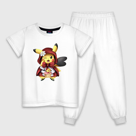 Детская пижама хлопок с принтом Пикачу Красная шапочка , 100% хлопок |  брюки и футболка прямого кроя, без карманов, на брюках мягкая резинка на поясе и по низу штанин
 | anime | picachu | pikachu | аниме | красная шапочка | милый | пика | пикачу | покебол | покемон