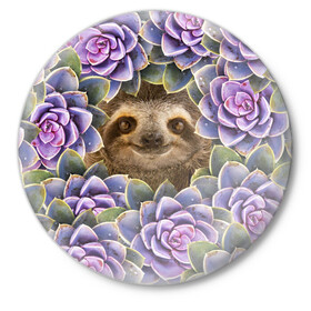 Значок с принтом Ленивец среди цветов ,  металл | круглая форма, металлическая застежка в виде булавки | flower | flowers | ленивец | цветок | цветы