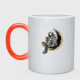 Кружка хамелеон с принтом Космонавт пьет кофе на луне , керамика | меняет цвет при нагревании, емкость 330 мл | adventure | coffee | cosmonaut | cosmos | moon | space | астронавт | космонавт | космос | кофе | луна