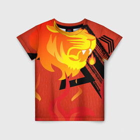 Детская футболка 3D с принтом Огненный лев , 100% гипоаллергенный полиэфир | прямой крой, круглый вырез горловины, длина до линии бедер, чуть спущенное плечо, ткань немного тянется | красный | лев | линии | огненный | огонь | пламя | рисунки