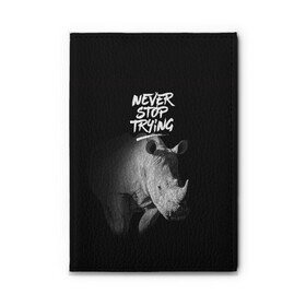 Обложка для автодокументов с принтом Nnever stop trying , натуральная кожа |  размер 19,9*13 см; внутри 4 больших “конверта” для документов и один маленький отдел — туда идеально встанут права | meme | nnever stop trying | всегда пробьёмся | манера | мем | никогда не прекращай пытаться | носорог | образ действия | символ