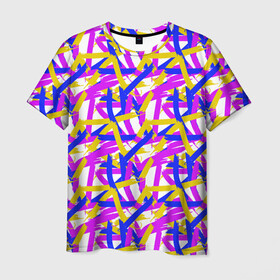 Мужская футболка 3D с принтом абстракция из ярких полос , 100% полиэфир | прямой крой, круглый вырез горловины, длина до линии бедер | abstract | art | blue | bright | brush strokes | childrens | color | daub | drawing | geometry | gouache | isometry | lilac | pattern | stripes | three | yellow | абстрактный | гуашь | желтый | мазки кистью | мазня | полосы | синий | сиреневый | три | цве