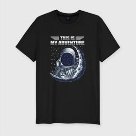 Мужская футболка хлопок Slim с принтом Космонавт и луна , 92% хлопок, 8% лайкра | приталенный силуэт, круглый вырез ворота, длина до линии бедра, короткий рукав | adventure | cosmonaut | cosmos | moon | space | астронавт | звезды | космонавт | космос | луна