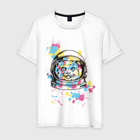 Мужская футболка хлопок с принтом Космокот , 100% хлопок | прямой крой, круглый вырез горловины, длина до линии бедер, слегка спущенное плечо. | астронавт | вселенная | кляксы | космонавт | космонавтика | космос | краска | полёт | разноцветный | скафандр | шлем