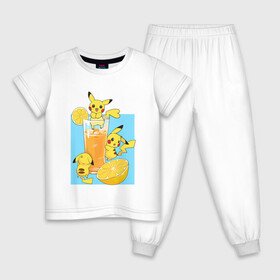 Детская пижама хлопок с принтом Пикачу в лимонаде , 100% хлопок |  брюки и футболка прямого кроя, без карманов, на брюках мягкая резинка на поясе и по низу штанин
 | anime | picachu | pikachu | аниме | красная шапочка | милый | пика | пикачу | покебол | покемон