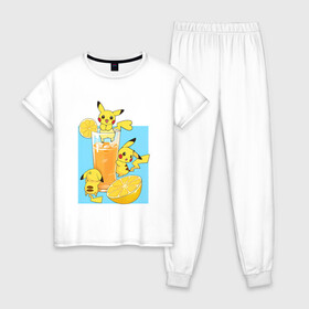 Женская пижама хлопок с принтом Пикачу в лимонаде , 100% хлопок | брюки и футболка прямого кроя, без карманов, на брюках мягкая резинка на поясе и по низу штанин | anime | picachu | pikachu | аниме | красная шапочка | милый | пика | пикачу | покебол | покемон