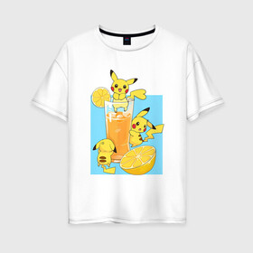 Женская футболка хлопок Oversize с принтом Пикачу в лимонаде , 100% хлопок | свободный крой, круглый ворот, спущенный рукав, длина до линии бедер
 | anime | picachu | pikachu | аниме | красная шапочка | милый | пика | пикачу | покебол | покемон
