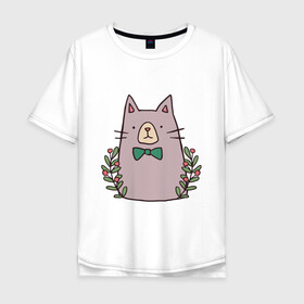 Мужская футболка хлопок Oversize с принтом торжественный кот , 100% хлопок | свободный крой, круглый ворот, “спинка” длиннее передней части | акварель | бабочка | бантик | галстук | животные | звери | кот | котейка | рисунок | торжественный