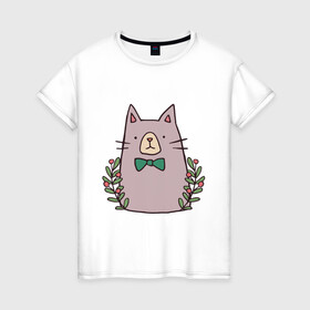 Женская футболка хлопок с принтом торжественный кот , 100% хлопок | прямой крой, круглый вырез горловины, длина до линии бедер, слегка спущенное плечо | акварель | бабочка | бантик | галстук | животные | звери | кот | котейка | рисунок | торжественный