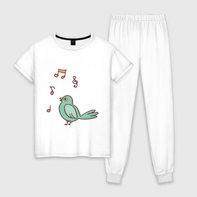 Женская пижама хлопок с принтом птичка зеленая поет , 100% хлопок | брюки и футболка прямого кроя, без карманов, на брюках мягкая резинка на поясе и по низу штанин | весна | зеленый птенчик | мелодия | музыка | ноты | оратор | певец | певица | пение | песня | птенец | птица | птичка | птичужка | радость | рисунок | чив | чирик