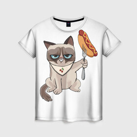 Женская футболка 3D с принтом Злобный котяу , 100% полиэфир ( синтетическое хлопкоподобное полотно) | прямой крой, круглый вырез горловины, длина до линии бедер | вилка | голодный кот | еда | злобный кот | сосиска | фастфуд | хот дог