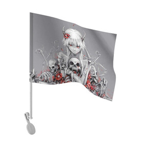 Флаг для автомобиля с принтом Девушка с черепом , 100% полиэстер | Размер: 30*21 см | девушка | демон | кости | красные цветы | с рогами | череп