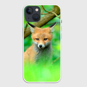 Чехол для iPhone 13 с принтом Лисенок в зеленом лесу ,  |  | Тематика изображения на принте: fox | foxy | животное | звери | лиса | лисенок | лисичка | милая | рыжая | фокс