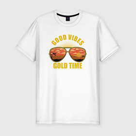 Мужская футболка хлопок Slim с принтом Good vibes gold time , 92% хлопок, 8% лайкра | приталенный силуэт, круглый вырез ворота, длина до линии бедра, короткий рукав | beach | good vibes gold time | palm | sea | summer | tropical | вайб | волны | жара | золотое время | летние | лето | море | очки | пальмы | пляж | тропический