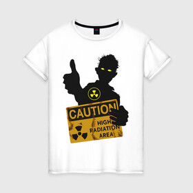 Женская футболка хлопок с принтом зомби с табличкой , 100% хлопок | прямой крой, круглый вырез горловины, длина до линии бедер, слегка спущенное плечо | зомби | лайк зомби | предупреждение | радиация | экология