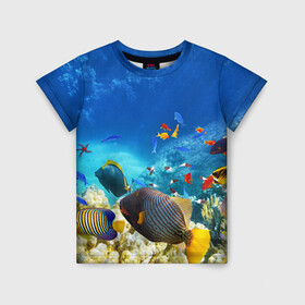 Детская футболка 3D с принтом Морской мир , 100% гипоаллергенный полиэфир | прямой крой, круглый вырез горловины, длина до линии бедер, чуть спущенное плечо, ткань немного тянется | вода | море | морская вода | морские животные | морские жители | морской мир | океан | рыбки | рыбы