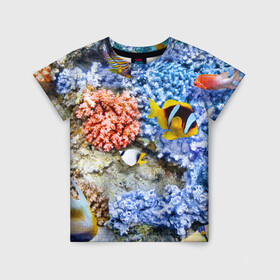 Детская футболка 3D с принтом Морской мир , 100% гипоаллергенный полиэфир | прямой крой, круглый вырез горловины, длина до линии бедер, чуть спущенное плечо, ткань немного тянется | вода | море | морская вода | морские животные | морские жители | морской мир | океан | рыбки | рыбы