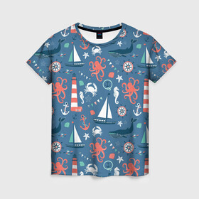 Женская футболка 3D с принтом Морские жители , 100% полиэфир ( синтетическое хлопкоподобное полотно) | прямой крой, круглый вырез горловины, длина до линии бедер | маяк | море | морские жители | паттерны | штурвал | яхта