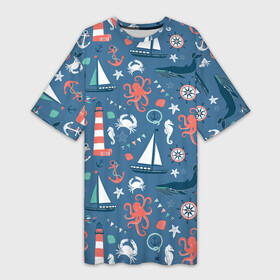 Платье-футболка 3D с принтом Морские жители ,  |  | маяк | море | морские жители | паттерны | штурвал | яхта
