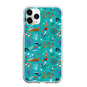 Чехол для iPhone 11 Pro Max матовый с принтом Морские обитатели , Силикон |  | корабль | море | морские обитатели | осьминоги | пальмы | паттерны | рыбы | чайки | якорь | яхты
