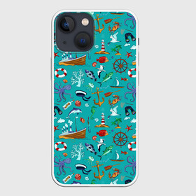 Чехол для iPhone 13 mini с принтом Морские обитатели ,  |  | корабль | море | морские обитатели | осьминоги | пальмы | паттерны | рыбы | чайки | якорь | яхты
