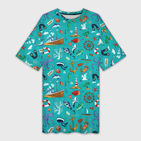 Платье-футболка 3D с принтом Морские обитатели ,  |  | корабль | море | морские обитатели | осьминоги | пальмы | паттерны | рыбы | чайки | якорь | яхты