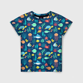 Детская футболка 3D с принтом Морские жители , 100% гипоаллергенный полиэфир | прямой крой, круглый вырез горловины, длина до линии бедер, чуть спущенное плечо, ткань немного тянется | водоросли | звезды | кораллы | крабы | медузы | море | паттерны | рыбы | черепахи