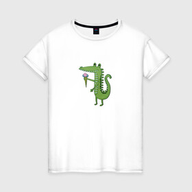 Женская футболка хлопок с принтом Крокодильчик с мороженным , 100% хлопок | прямой крой, круглый вырез горловины, длина до линии бедер, слегка спущенное плечо | детский | крокодил | крокодильчик | лето | мультфильм | персонаж