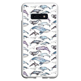 Чехол для Samsung S10E с принтом киты паттерн , Силикон | Область печати: задняя сторона чехла, без боковых панелей | ocean | sea | sea animal | акварель | графика | касатка | киты | море | океан | рисунок кита