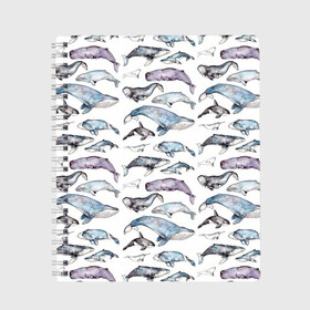 Тетрадь с принтом киты паттерн , 100% бумага | 48 листов, плотность листов — 60 г/м2, плотность картонной обложки — 250 г/м2. Листы скреплены сбоку удобной пружинной спиралью. Уголки страниц и обложки скругленные. Цвет линий — светло-серый
 | Тематика изображения на принте: ocean | sea | sea animal | акварель | графика | касатка | киты | море | океан | рисунок кита