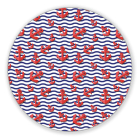 Коврик для мышки круглый с принтом Красные якоря , резина и полиэстер | круглая форма, изображение наносится на всю лицевую часть | волны | красные | море | паттерны | тельняшка | якоря