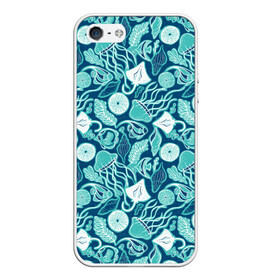 Чехол для iPhone 5/5S матовый с принтом Скаты и медузы , Силикон | Область печати: задняя сторона чехла, без боковых панелей | водоросли | медузы | море | паттерны | ракушки | рыбы | электрический скат