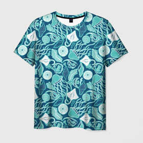 Мужская футболка 3D с принтом Скаты и медузы , 100% полиэфир | прямой крой, круглый вырез горловины, длина до линии бедер | водоросли | медузы | море | паттерны | ракушки | рыбы | электрический скат