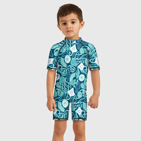 Детский купальный костюм 3D с принтом Скаты и медузы , Полиэстер 85%, Спандекс 15% | застежка на молнии на спине | Тематика изображения на принте: водоросли | медузы | море | паттерны | ракушки | рыбы | электрический скат