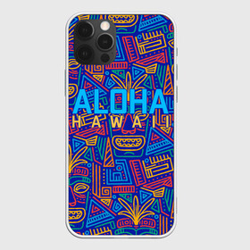 Чехол для iPhone 12 Pro с принтом ALOHA HAWAII | АЛОХА ГАВАЙИ , силикон | область печати: задняя сторона чехла, без боковых панелей | Тематика изображения на принте: aloha | aloha hawaii | hawaii | гаваи | гавайи | гавайские маски | индийские маски | маска тики | маски | маски тики | надпись | пальмы | синий | тики