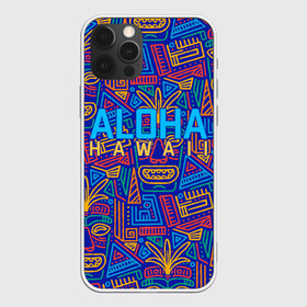 Чехол для iPhone 12 Pro Max с принтом ALOHA HAWAII | АЛОХА ГАВАЙИ , Силикон |  | aloha | aloha hawaii | hawaii | гаваи | гавайи | гавайские маски | индийские маски | маска тики | маски | маски тики | надпись | пальмы | синий | тики