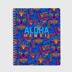Тетрадь с принтом ALOHA HAWAII | АЛОХА ГАВАЙИ , 100% бумага | 48 листов, плотность листов — 60 г/м2, плотность картонной обложки — 250 г/м2. Листы скреплены сбоку удобной пружинной спиралью. Уголки страниц и обложки скругленные. Цвет линий — светло-серый
 | Тематика изображения на принте: aloha | aloha hawaii | hawaii | гаваи | гавайи | гавайские маски | индийские маски | маска тики | маски | маски тики | надпись | пальмы | синий | тики