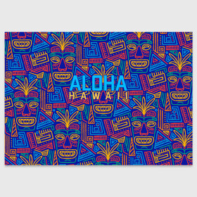 Поздравительная открытка с принтом ALOHA HAWAII | АЛОХА ГАВАЙИ , 100% бумага | плотность бумаги 280 г/м2, матовая, на обратной стороне линовка и место для марки
 | Тематика изображения на принте: aloha | aloha hawaii | hawaii | гаваи | гавайи | гавайские маски | индийские маски | маска тики | маски | маски тики | надпись | пальмы | синий | тики