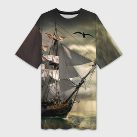 Платье-футболка 3D с принтом Парусник ,  |  | гроза | живопись | корабль | море | парусник | старинный | чайки