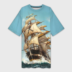 Платье-футболка 3D с принтом Парусник ,  |  | волны | живопись | корабль | море | парусник | старинный