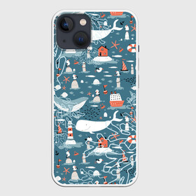 Чехол для iPhone 13 с принтом Море и его жители ,  |  | киты | кораллы | маяк | море | морская тема | морские символы | паттерн | чайка