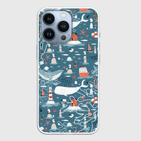 Чехол для iPhone 13 Pro с принтом Море и его жители ,  |  | киты | кораллы | маяк | море | морская тема | морские символы | паттерн | чайка