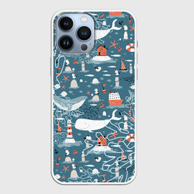 Чехол для iPhone 13 Pro Max с принтом Море и его жители ,  |  | киты | кораллы | маяк | море | морская тема | морские символы | паттерн | чайка