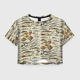 Женская футболка Crop-top 3D с принтом рыбный паттерн , 100% полиэстер | круглая горловина, длина футболки до линии талии, рукава с отворотами | ocean | sea | киты | море | морские мотивы | морской принт | морской фон | океан | паттерн | рыбы | текстуры