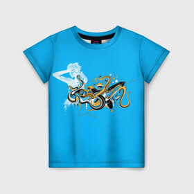 Детская футболка 3D с принтом Морская абстракция , 100% гипоаллергенный полиэфир | прямой крой, круглый вырез горловины, длина до линии бедер, чуть спущенное плечо, ткань немного тянется | девушка | дельфин | медуза | медузы | морские животные | морские обитатели | осьминог
