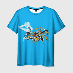 Мужская футболка 3D с принтом Морская абстракция , 100% полиэфир | прямой крой, круглый вырез горловины, длина до линии бедер | девушка | дельфин | медуза | медузы | морские животные | морские обитатели | осьминог