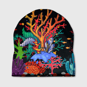 Шапка 3D с принтом Морской пейзаж , 100% полиэстер | универсальный размер, печать по всей поверхности изделия | кораллы | море | морская тема | морские символы | морской пейзаж | ракушка | рыбы